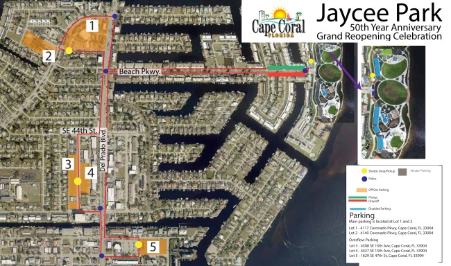 Map of parking options around Jaycee Park. Lot 1: 4117 Coronado Pkwy. Lot 2: 4140 Coronado Pkwy. Lot 3: 4508 SE 15th Ave. Lot 4: 4427 SE 15th Ave. Lot 5: 1629 SE 47th St. Disabled parking available next to Jaycee Park. Pickup and dropoff areas available along Beach Parkway next to the park. Shuttle pickup and dropoff areas available at the park and at lots 1, 3/4, and 5. Police will be stationed at 5 points along the shuttle route. Vendor parking is available north of Beach Pkwy, west of the park.